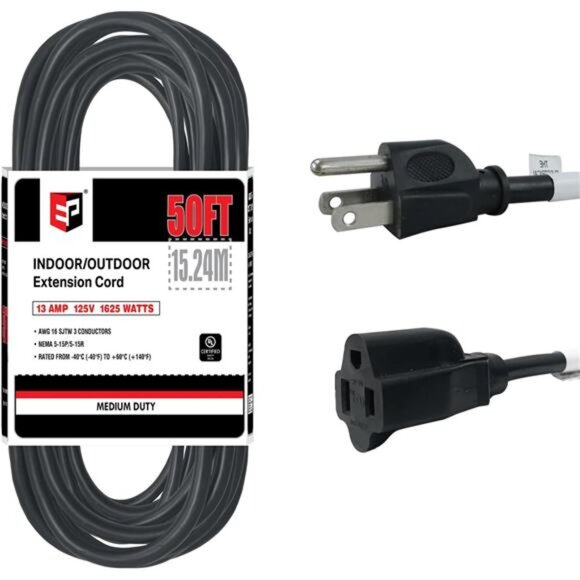New 50 Ft Outdoor Extension Cord - 16/3 SJTW Black Electrical Cable - Picture 4 of 9